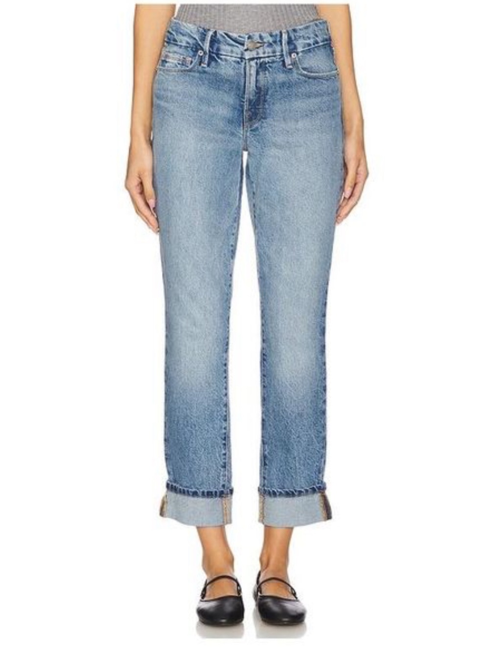 Good American Mid Rise Classic Cuffed Light Wash Denim Jeans - Picture 1 of 6